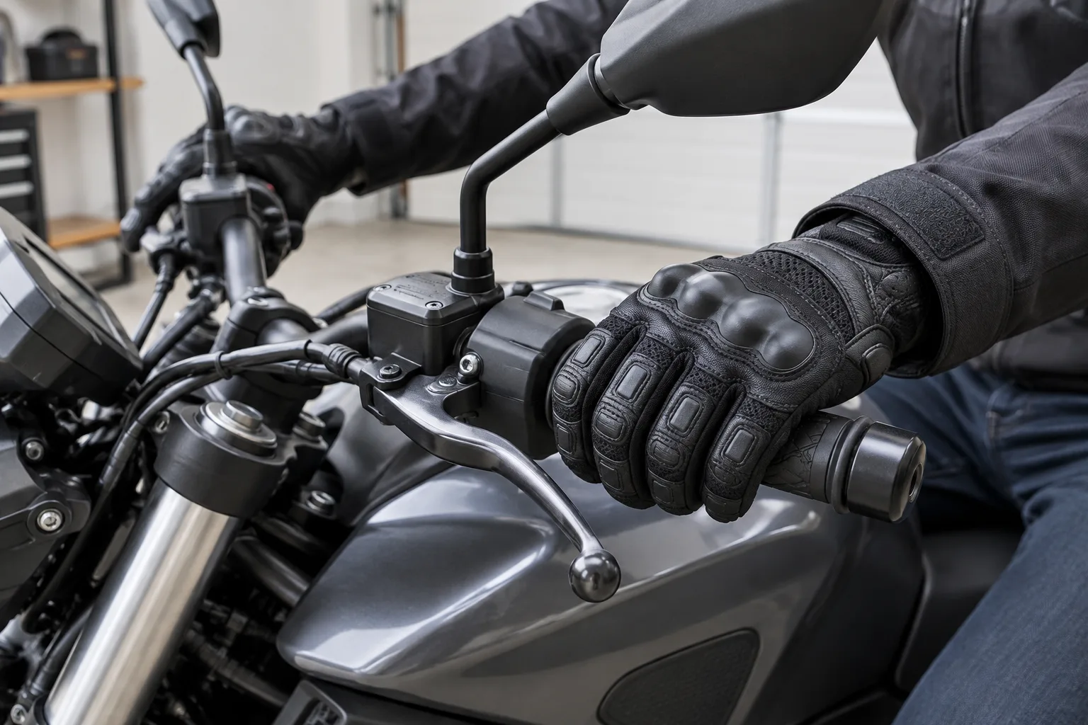 Mains gantées vérifiant la prise sur le guidon d’une moto à l’arrêt.