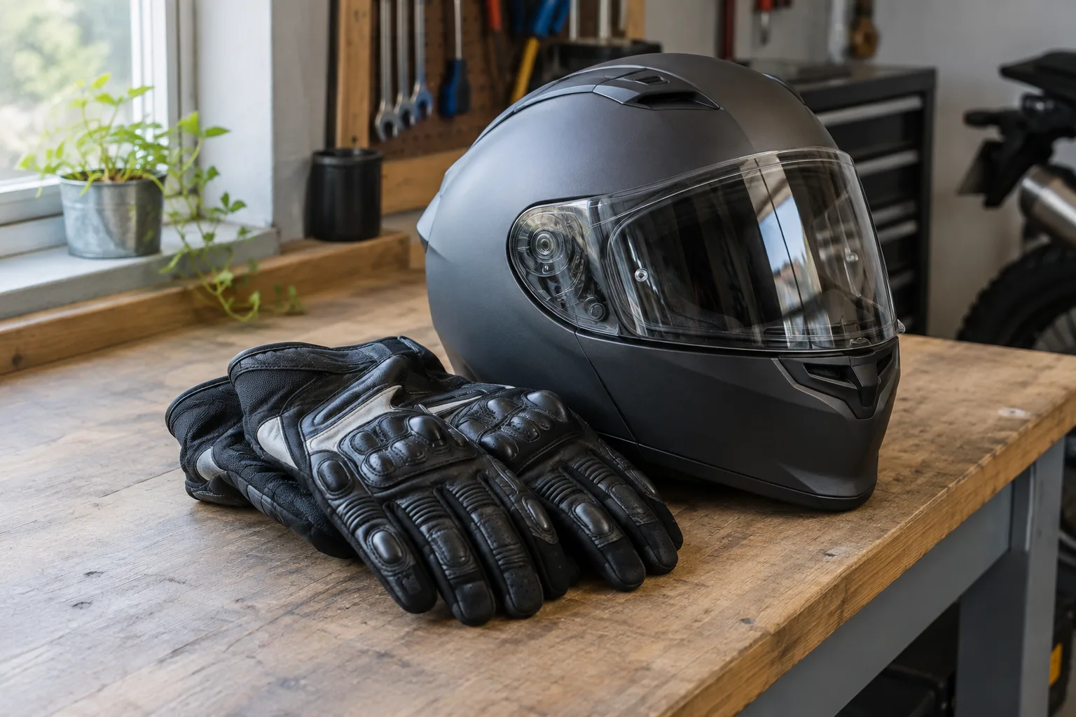 Paire de gants de moto posée à côté d’un casque dans un atelier.