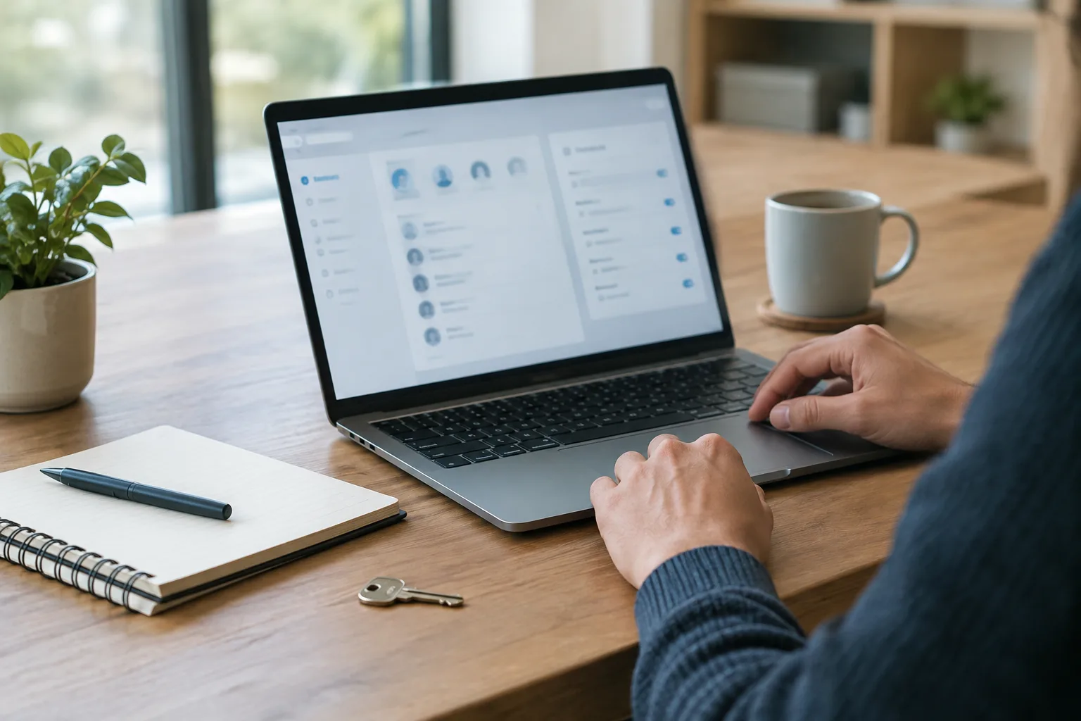 Un ordinateur ouvert sur un tableau de gestion des accès, posé sur un bureau de petite entreprise.