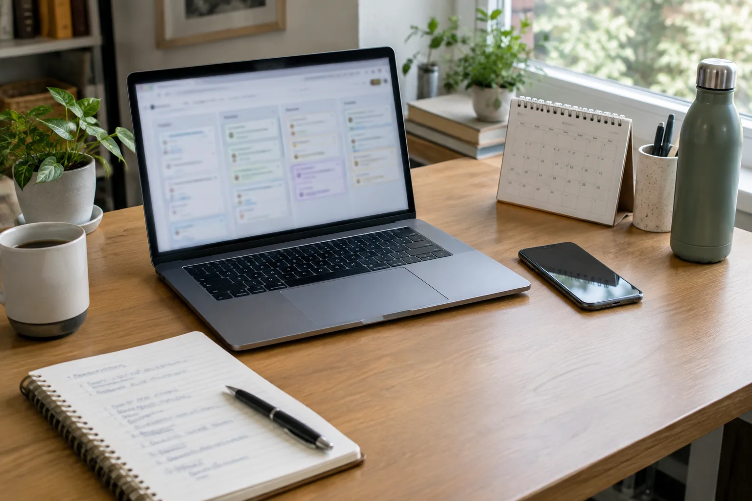 Bureau d’indépendant organisé avec un ordinateur, un carnet et un calendrier pour préparer une absence.
