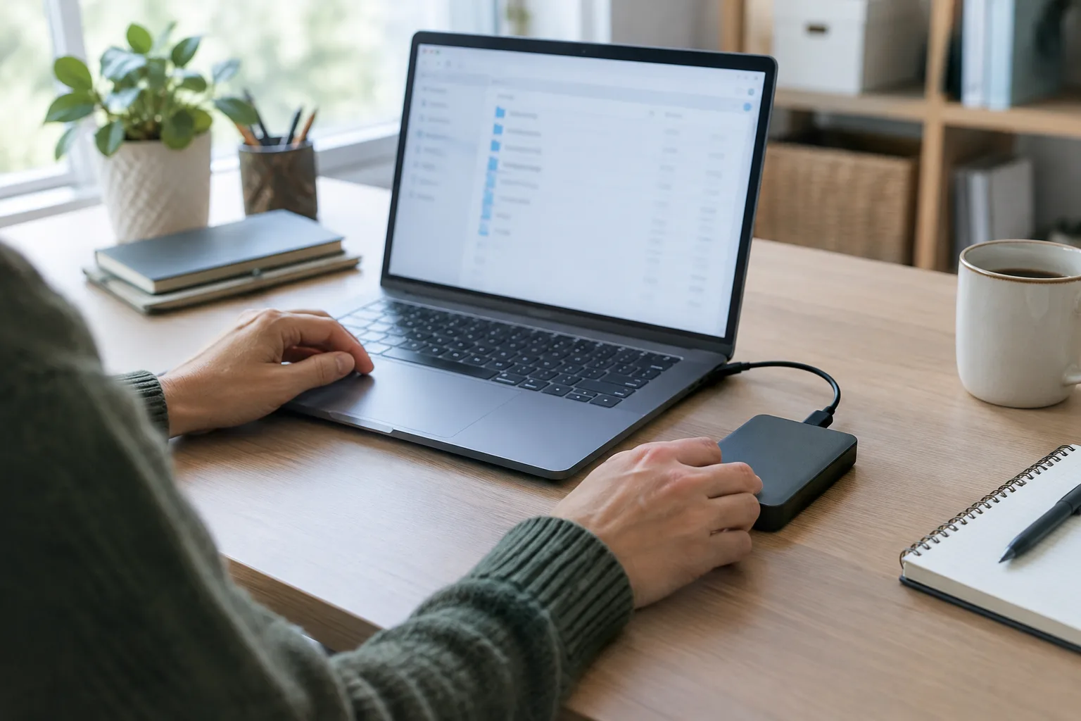 Un disque externe posé près d’un ordinateur sur un bureau de petite entreprise.