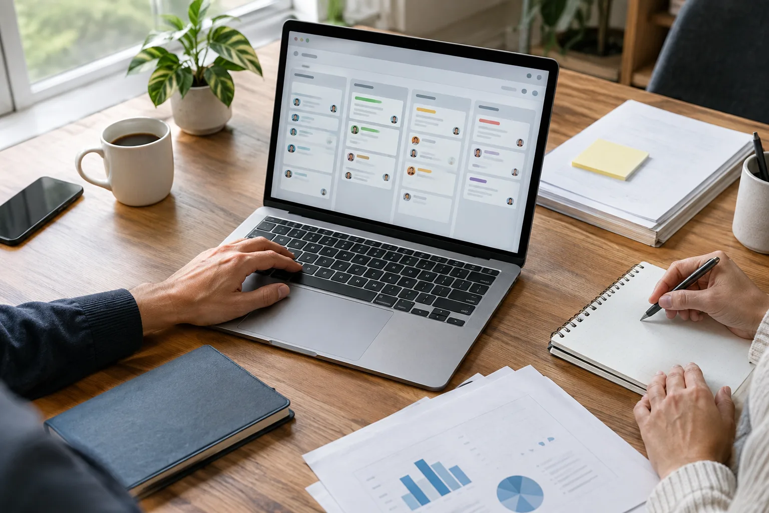 Un espace de travail partagé avec un ordinateur et des documents pour suivre les demandes clients.